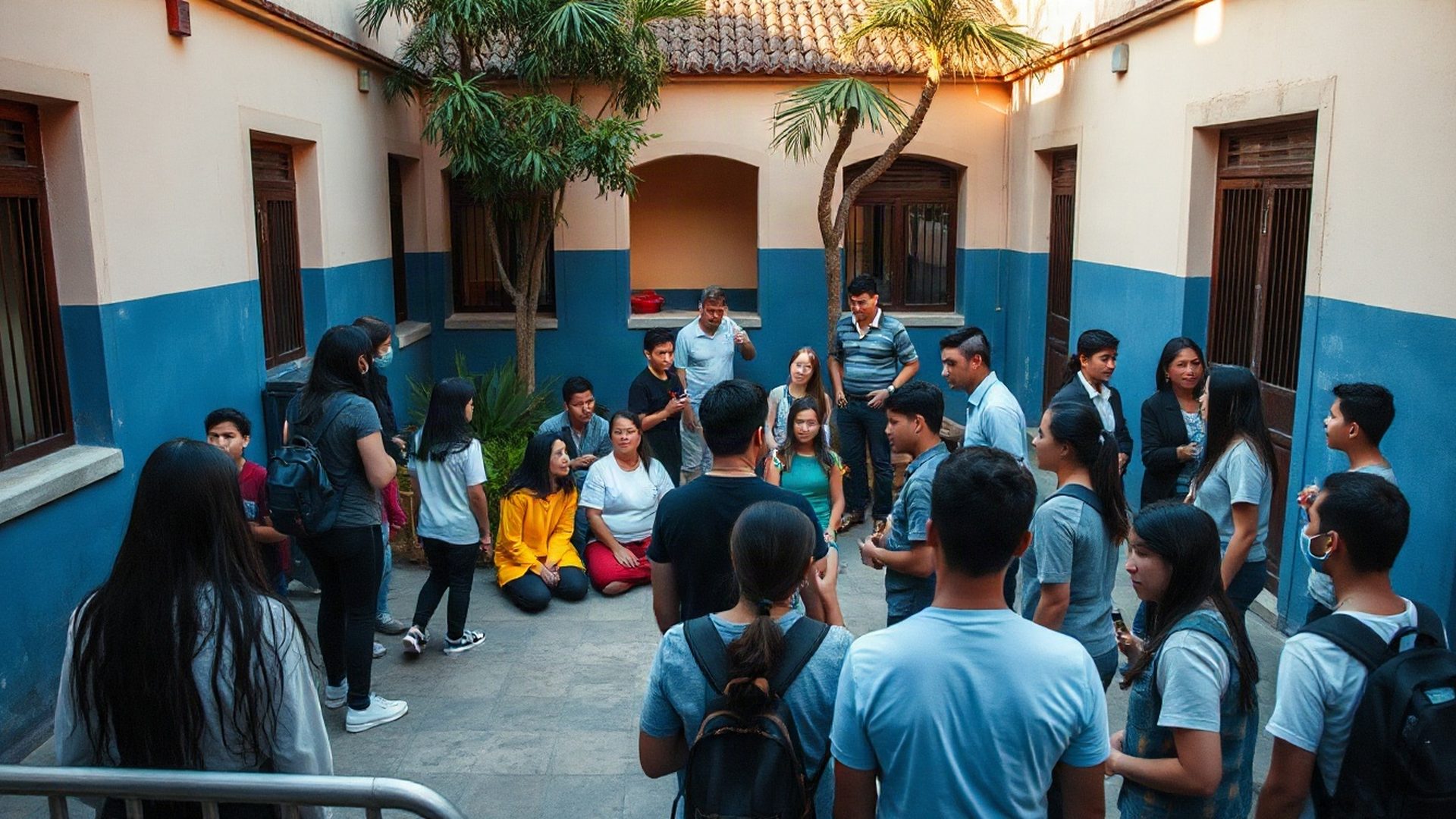 Estudiantes uruguayos reunidos en un patio escolar en Las Piedras, con luz de tarde y atmósfera de comunidad