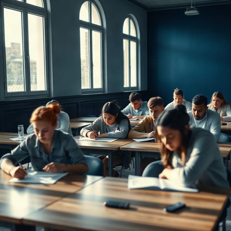 Estudiantes uruguayos estudiando juntos en un aula luminosa con acentos índigo