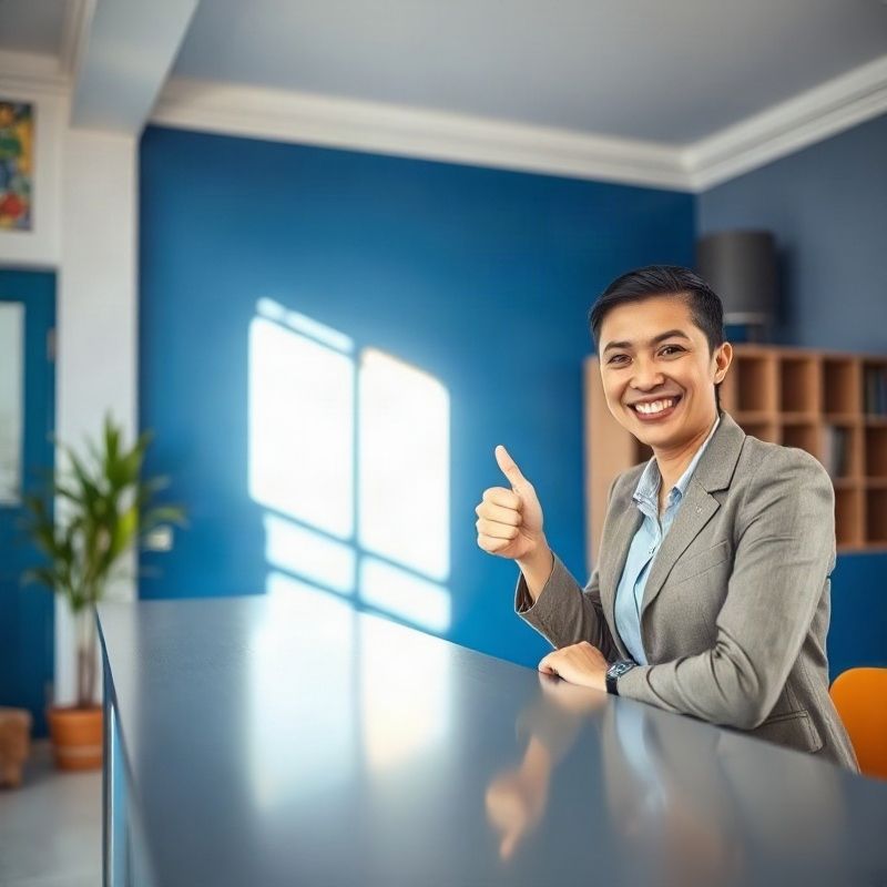 Miembro del equipo administrativo de Minassys sonriendo tras un escritorio con acentos índigo